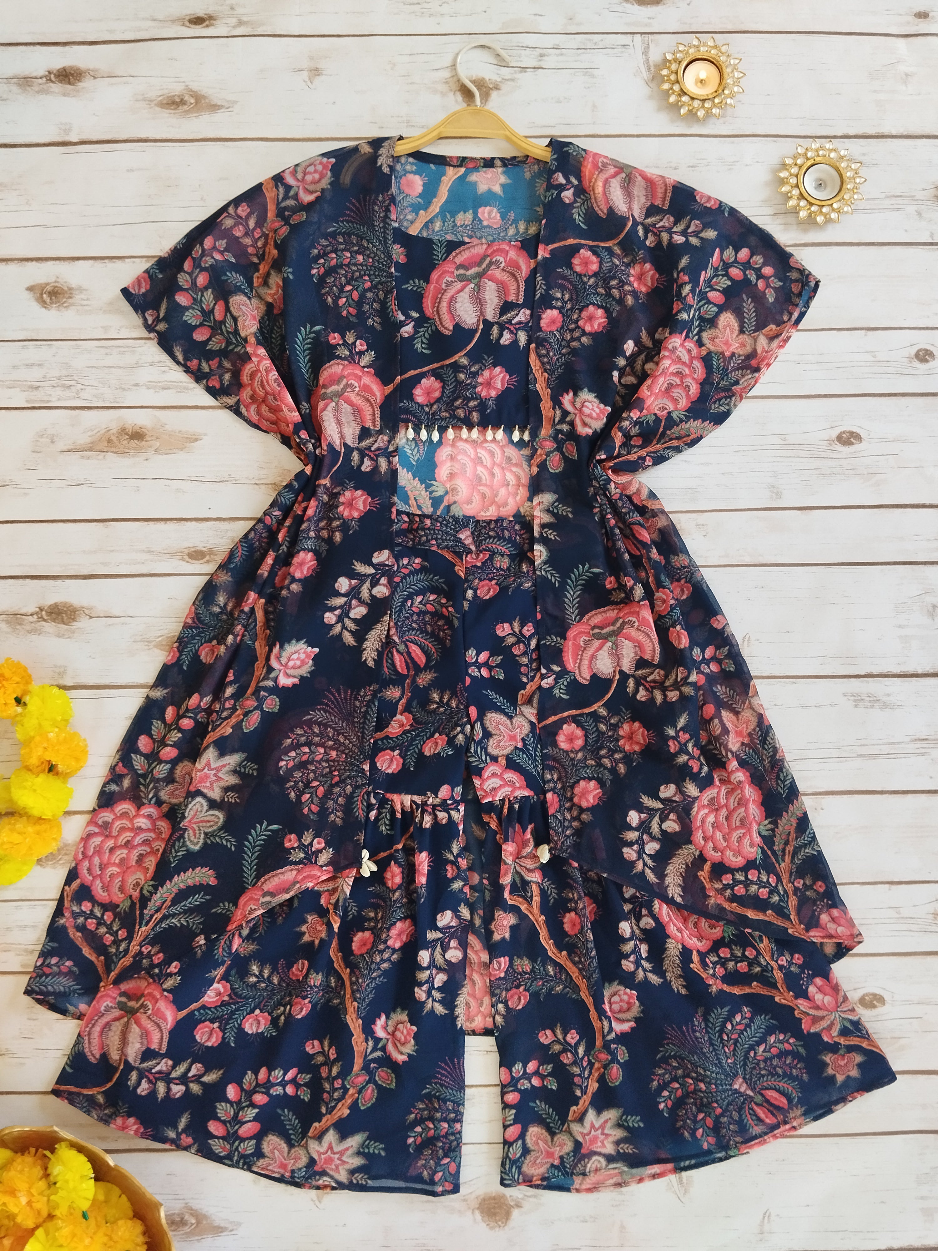 Navy Blue Floral Kids Crop Top & Sharara Set